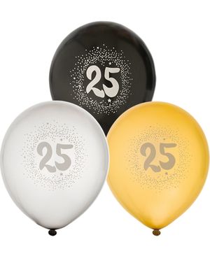 25 år - 6 stk Sorte, Sølv- og Guldfarvet Balloner 30 cm