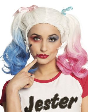 Blond Harley Quinn Inspireret Paryk med Pink og Blå Hestehale