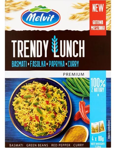 Melvit Premium Trendy Lunch - Basmati, Grønne Bønner, Paprika og Curry - Hurtigrett (kan oppbevares i romtemperatur) 4x80 gram (India)