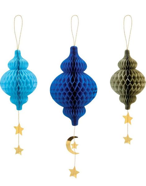 3 stk Eid Mubarak Hengende Honeycombs med Måne og Stjerner - 24 cm + 30 cm