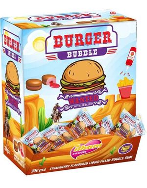 200 stk Ilham Burger Bubble - Tyggegummiburgere med Jordbærsmak og Fyll - Hel Eske 920 gram