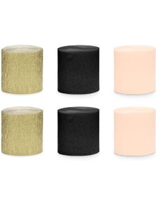 6 stk Gull, Svart og Rosa Fargede Krepp Streamers til Dekor