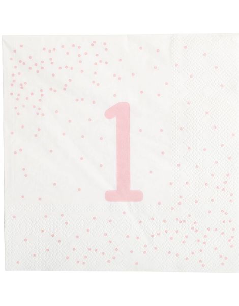16 stk Hvite og Rosa 1 Års Servietter 33x33 cm