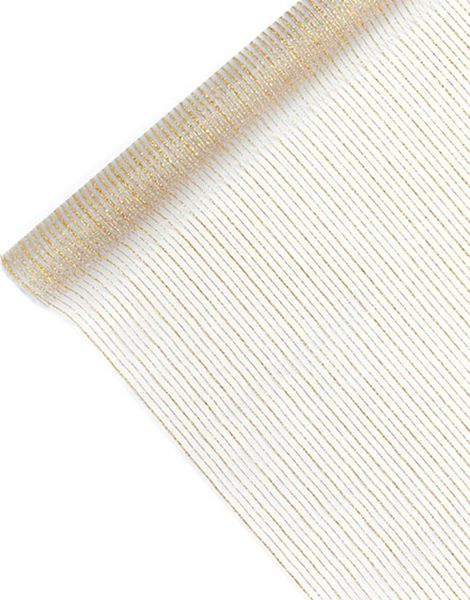 Hvid Organzaløber med Guldfarvet Stribede Design 48 cm x 9 meter