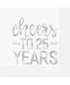 16 stk Servietter med Sølvfarvet Cheers to 25 Years Tekst 33x33 cm