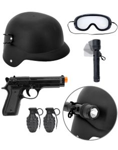 S.W.A.T. Sæt - Hjelm Med Briller Og Lygte, Pistol Og Granater