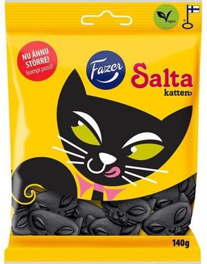 Pose med Fazer Salta Katten - Katteformet Saltlakrids 140 gram