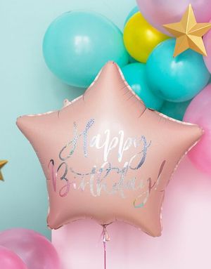 Happy Birthday! - Stjerneformet Lys Pudderrosa Folieballong med Iriserende Skrift 40 cm