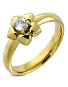 Guldfarvet Ring i Kirurgisk Stål med Blomst og CZ Sten