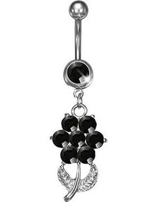 Flot Navlepiercing med Vedhæng af Blomst og Sorte CZ Sten