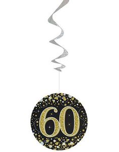 6 stk 60-års Fødselsdag Sort og Guldfarvede Holografiske Swirls