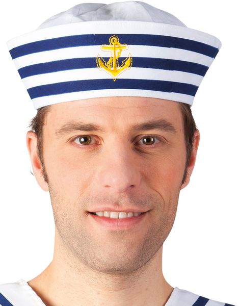Hvid Matroshat med Blå Striber og Guldfarvet Anker