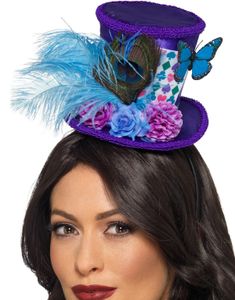 Flot Lillla Mad Hatter Inspireret Minihat med Fjer og Blomster