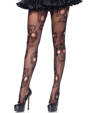Day of the Dead Sort Netstrømpebukser - Plus Size