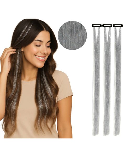 3 stk Tinsel Hair Extensions 50 cm - Sølv