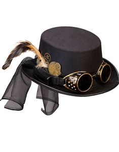 Sort Steampunk Høj Hat med Dekor og Bronzefarvet Goggles