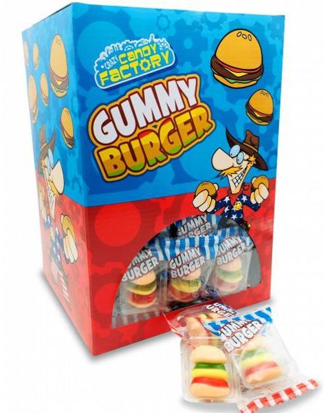 100 stk Crazy Candy Factory Gummy Burger - Vingummi Mini Burger - Hel Eske