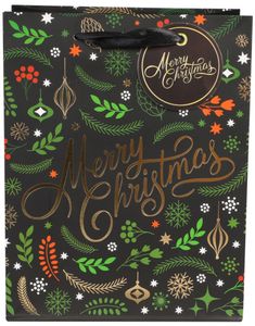 "Merry Christmas" Svart Gavepose med Forskjellige Julemotiver 23x18 cm