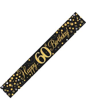 Happy 60th Birthday - 2,7 Meter Svart og Gullfarget Holografisk Banner