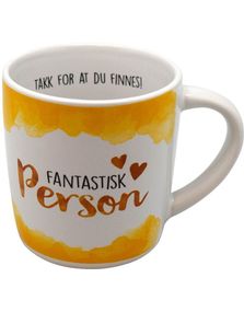 Fantastisk person - hvidt og gult krus med tekst