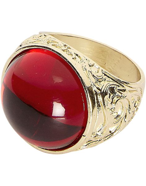 Gullfarget Ring med Detaljer og Rød Stein