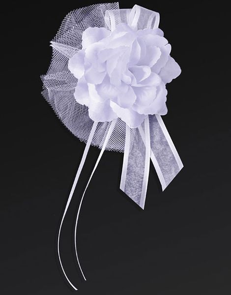 4 stk. Hvide Blomster med Tyl og Satinbånd 14 cm
