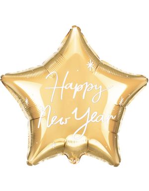 Happy New Year - Stjerneformet Gullfarget Folieballong med Tekst 47x50 cm