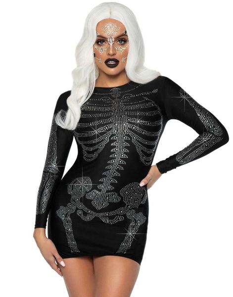Sort Kjole Med Strass Skeletmotiv Til Kvinde