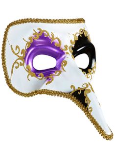 Hvid Venetiansk Zanni Maske med Lilla Øje og Lang Næse