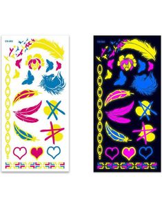 Ark med Fluorescerende Hjerter, Fugler, Fjær og Andre Tatoveringer (UV Fake Tattoo)