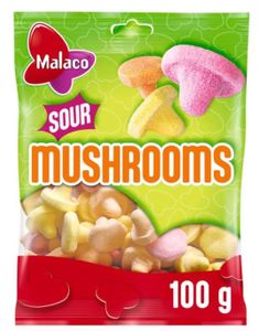 DATO PRODUKT - Pose med Malaco Sour Mushrooms - Forskellige Sure Skumbider 100 gram