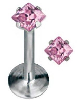 Labret Piercing med Firkantet Rosa Sten