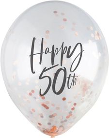5 stk 30 cm Gjennomsiktige Happy 50th Ballonger med Rosegull Konfetti