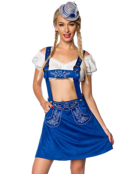 Kort A-Formet Oktoberfest Skørt i Royal Blå med Seler og Broderi