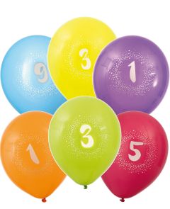 VÆLG BLANDT 10 TALL - 6 stk Flerfarvede Tallballoner 30 cm