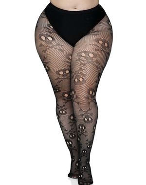 Svart Nettingstrømpebukse m/ Hodekallle Mønster Plus Size