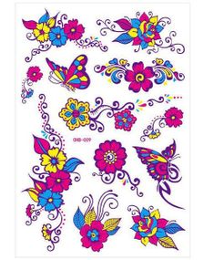 Ark med Forskjellige Fluorescerende Blomster og Sommerfugl Tatoveringer (UV Fake Tattoo)