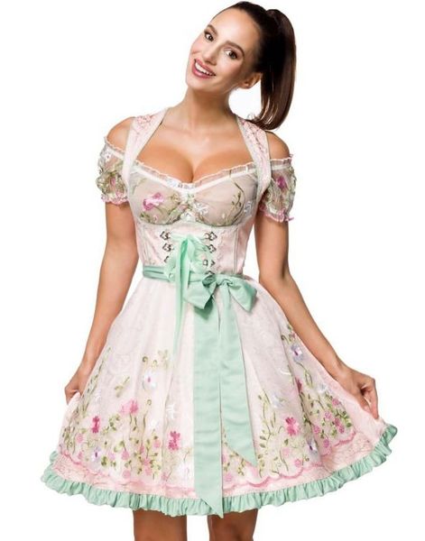 Lys Rosa Dirndl Oktoberfestkjole i Luksuskvalitet med Utformet Blomster på Forkle