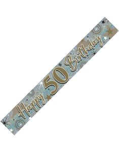 Happy 50th Birthday - 2,6 Meter Sølvfarget Holografisk Banner