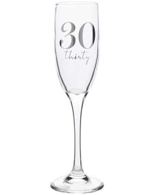 30 ÅR - Champagneglass med Sølvfarget Tekst og Motiver i Gaveeske 22 cm