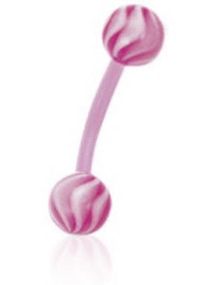 Banan Øjenbrynspiercing i Rosa med Stribede Hvide og Rosa Kugler - 1.2 x 8 mm