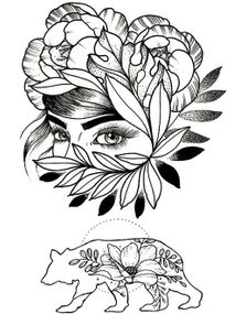 Flowered Woman & Bear - 2 stk Tatoveringer (Fake Tattoo)