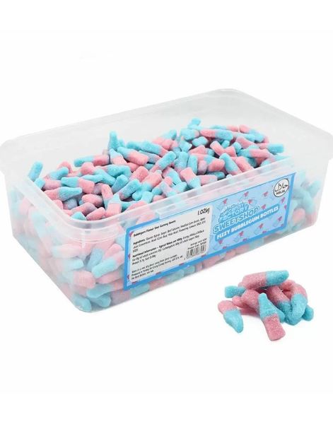600 stk Sweetshop Fizzy Bubblegum Bottles - Æske med Sure Bubblegum-Flasker 1,02 kg