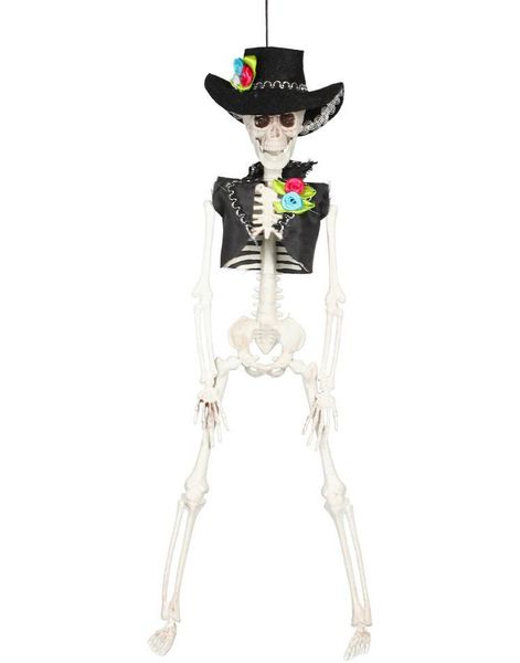 Hengende Skjelett Mann med Hatt og Vest 41 cm