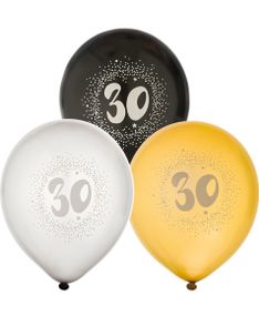 30 år - 6 stk Sorte, Sølv- og Guldfarvet Balloner 30 cm