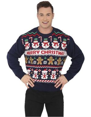 Blå "Merry Christmas" Juletrøje med Forskellige Julemotiver til Herrer