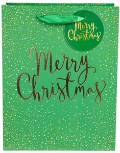 "Merry Christmas" Gavepose i Gull og Grønn 23x18 cm