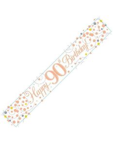 Happy 90th Birthday - 2,7 Meter Hvit og Rosegull Holografisk Banner