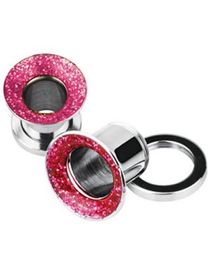 Sølvfarvet Piercing Tunnel med Rosa Glitrende Cirkel