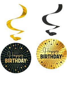 4 stk Happy Birthday Hengende Swirls - Svart og Gull